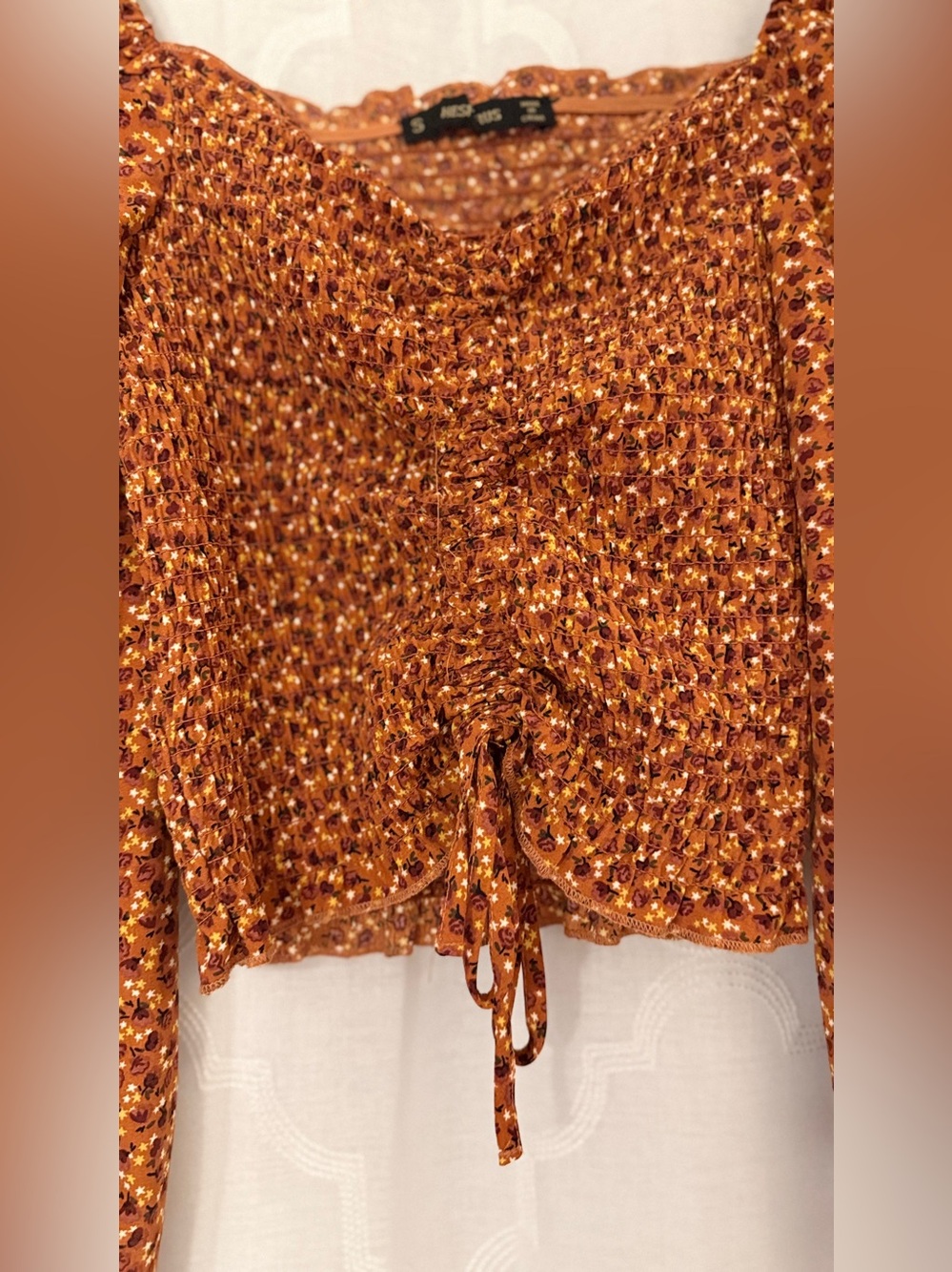 Hesperus Small Rust Floral Ruched Puff Sleeve Crop Top - Picture 6 of 9